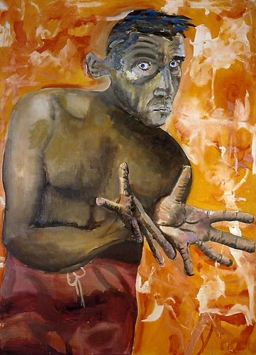 Self-Portrait With Empty Hands, 1998, Oil, acrylic on canvas, 200 x 144 cm Albert Oehlen - Goethe abwärts  (Sammlung Falckenberg), Mönchehaus Museum 2006